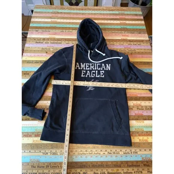 Y2K Vtg American Eagle Hoodie Men M Black Pullover Distressed Logo Fleece 1977 - Picture 6 of 8